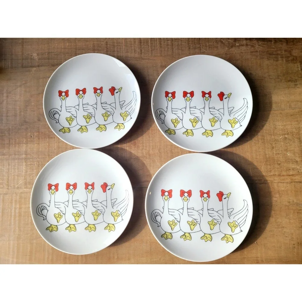 Fitz And Floyd Dancing Ducks Red Bows Bird Plates Lot Set Of 4 Made‎ in USA